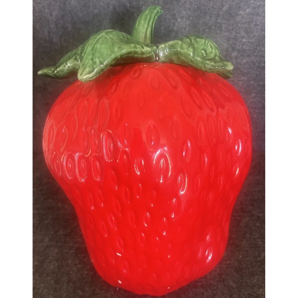 Vintage Ceramic Pottery Tilting Strawberry Cookie Jar with Lid Made in Portugal